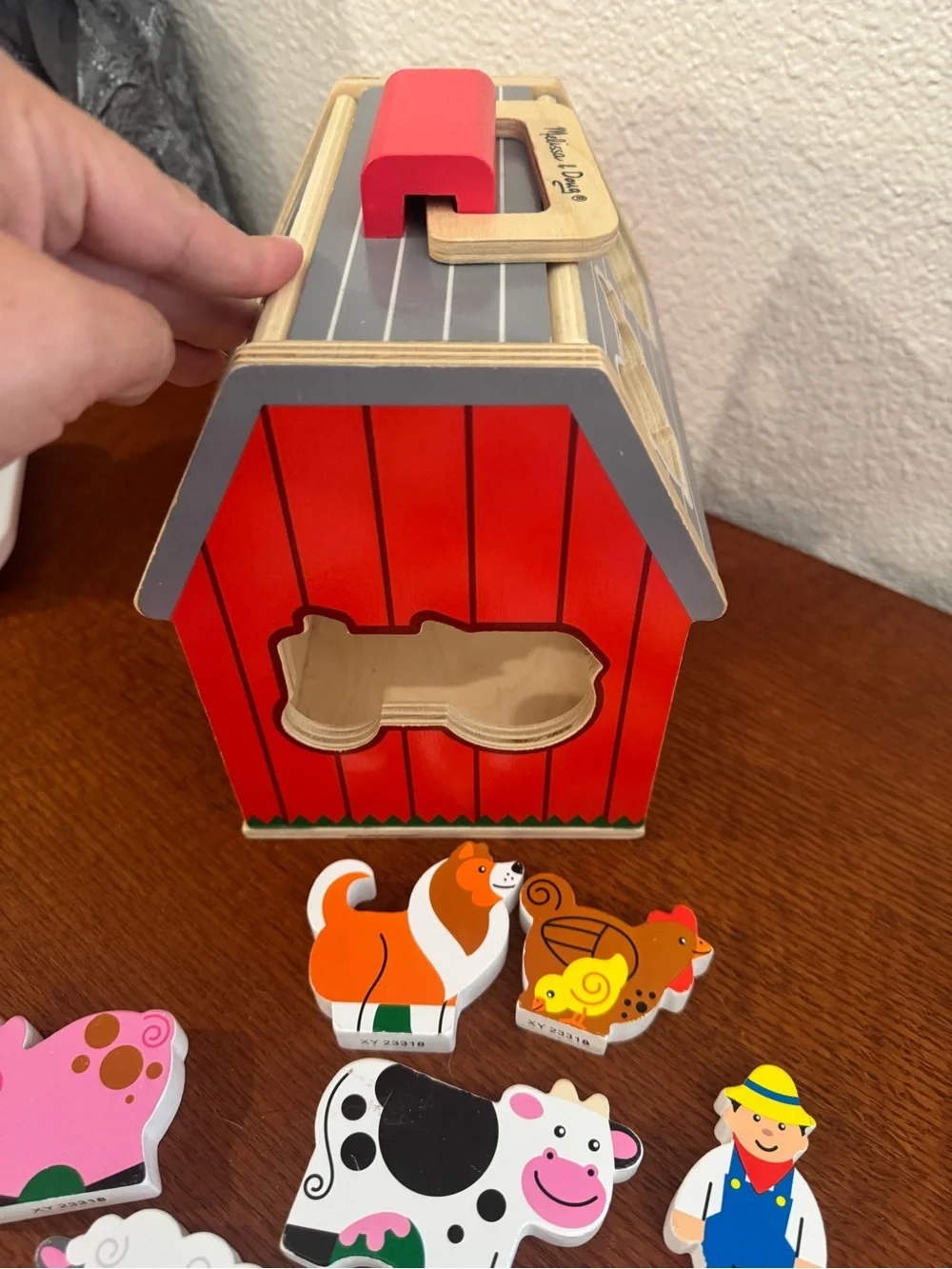 Melissa & Doug Gray Striped Wooden Farm Puzzle Box Take-Along Sorting Barn